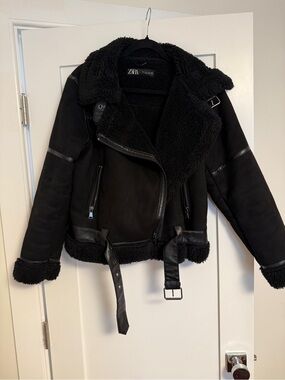 Zara Black Faux Shearling Biker Jacket